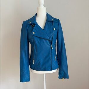Moda International Cobalt Blue Genuine Leather Moto Jacket M